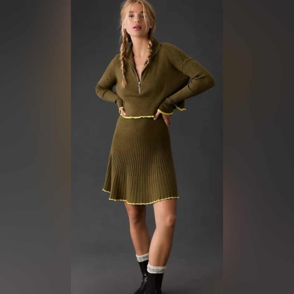 Olive Green Knit Dress with Yellow Accents